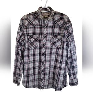 Wrangler Vintage Mens Button Down Pearl Snap Grey Red Black. SZ LT
